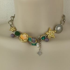 Gold Stars & Emerald Rhinestone Sparkly Druzy & Pearl Eclectic Charm Choker